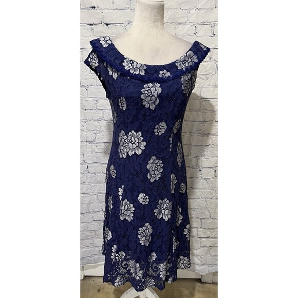 KC Collection Blue And White Lace Floral Dress Size XL - Picture 1 of 6